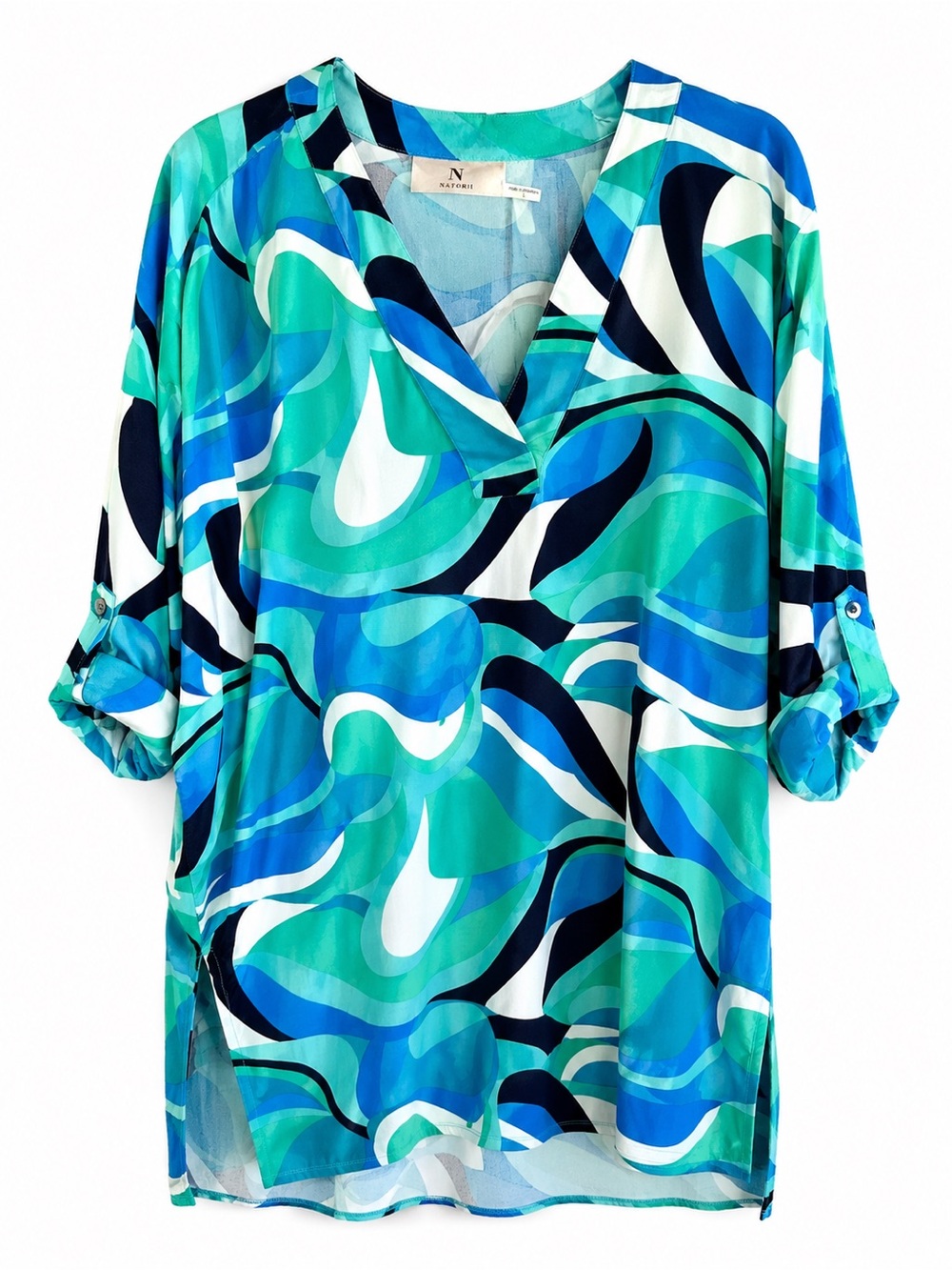 Natori Abstract Blue Green Tunic Blouse L Split Neck 3/4 Sleeve Resortwear